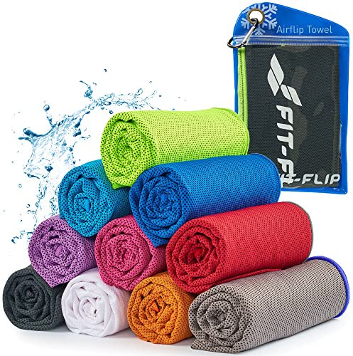 Fit-Flip Airflip Kühltuch - Ice Cooling Towel - das kühlende mikrofaser Sporthandtuch für Nacken und Hals - Kühlhandtuch für Fitness und Sport (schwarz-neon grüner Rand, 120x35cm)