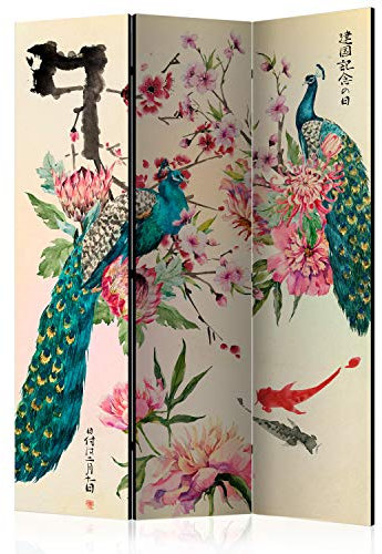 murando - Paravent Raumteiler Innen Orient Japan Asia 135x172 cm 3-teilig Einseitig Raumtrenner Raum Trennwand Holz Room Divider Mobiler Sichtschutz Spanische Wand Raum Blumen Zen Pfau p-C-0002-z-b
