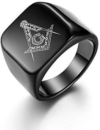 JewelryWe Schmuck Herren-Ring Edelstahl Freimaurer Poliert Siegelring Bandring Ringe mit Gravur Schwarz, Größe 54 bis 70