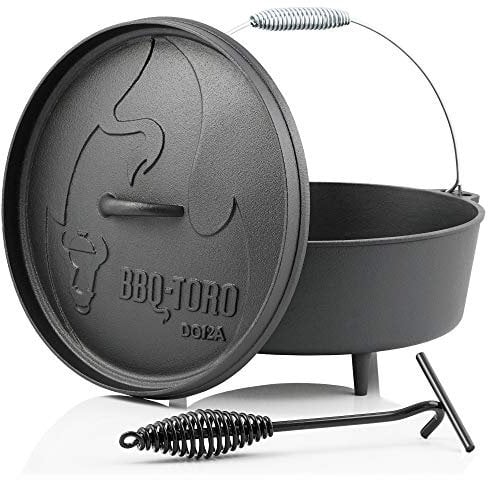 BBQ-Toro Dutch Oven Alpha Serie | 10,7 Liter (DO12A), Topf mit Füße | bereits eingebrannt - preseasoned | Gusseisen Kochtopf | Bräter mit Deckelheber