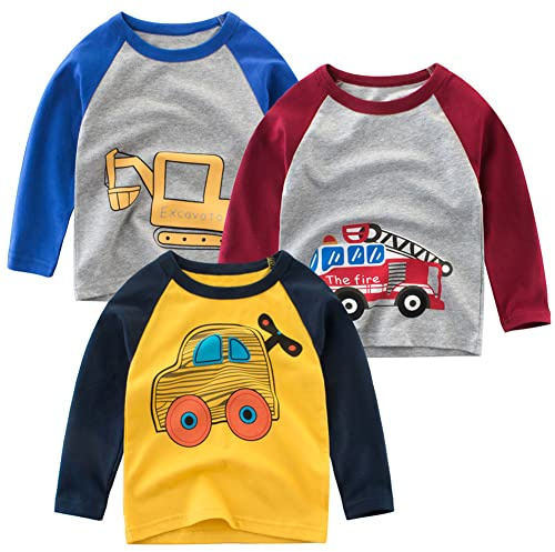SUPFANS Toddler Boys 3-Pack Long Sleeve Excavator T-Shirt 100% Cotton Basic Tops Car Shirt