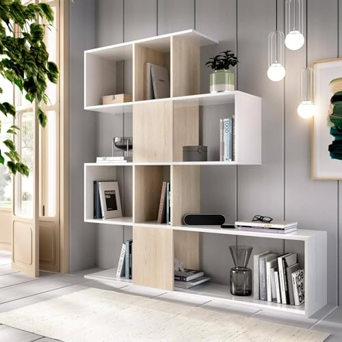 Dmora Libreria Moneglia 145x29x145h cm Bianco Lucido 4 Ripiani Struttura Verticale, Biblioteca Colore Struttura Marrone