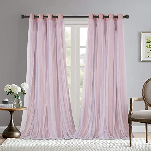 Bonzer 2 Stück Verdunkelungsvorhänge mit Ösen, doppellagig, mit transparentem Voile, Weiß, für Wohnzimmer, Farbe: Rot, 132 x 249 cm