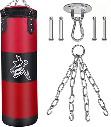Sacco da Boxe Pesante con Catena in Acciaio, Gancio di Prolunga, Fibbia di Sicurezza, Non Riempito Sacchi di Sabbia da Pugilato da Appendere al Soffitto 100 cm