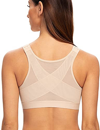 MELENECA Women's Front Fastening Wirefree Post Surgery Plus Size Back Support Posture Bra Beige 38G