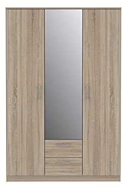 FORTE NIKO Schrank 120 130, Kleiderschrank mit Spiegel, Drehtürenschrank Skandinavisch 3-türig, mit 2 Schubladen, Einlegeböden und Kleiderstange, Sonoma Eiche, 123 cm breit x 185 cm hoch x 53 cm tief