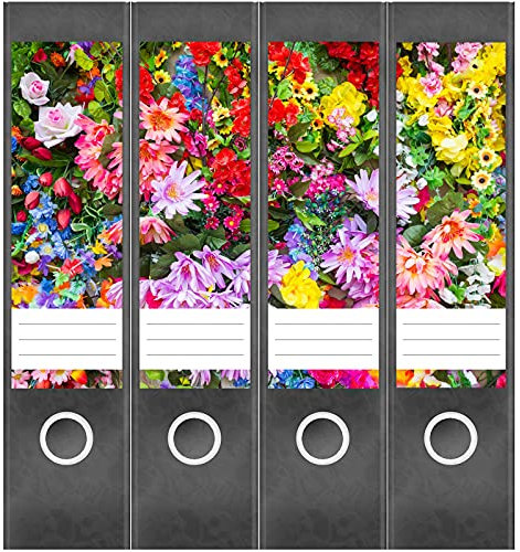 Etiketten für Ordner | Buntes Blumenallerlei | 4 breite Aufkleber für Ordnerrücken | Selbstklebende Design Ordneretiketten Rückenschilder