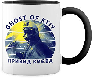 Retro Ghost of Kyiv Plane ace pilot призрак киева Weiße Tasse Mug mit schwarzen Felgen & Griff