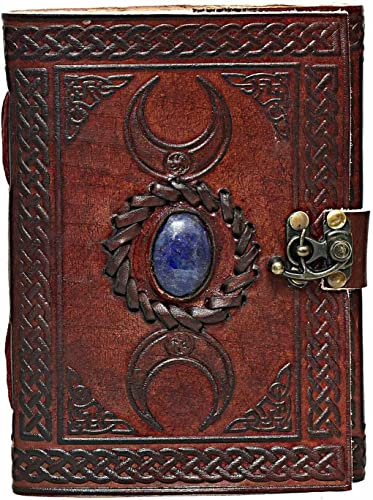 18 cm Notizblock Notizen Handgemacht Tagebuch Kleine Reisen Notizbuch Skizzenbuch Geschenk Album met Dreifacher Mond mit blauem Stein Lederbezug Antik Schnurverschluss