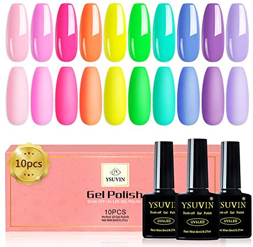 YSUVIN Neon UV Nagellack, 10 Farbe Helles Neon Rosa Orange Blau Lila Gel Nagellack Soak Off UV Nagel Gel Set Fluoreszierend Für Frühling Sommer Pool Party 8ML