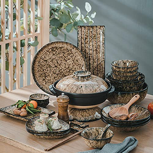 Service de Table Haut de Gamme, Services de Table en céramique, Service de Vaisselle en Porcelaine glaçure léopard 66 pièces | Assiette à Steak de Style Japonais Bol à céréales et Bol à Soupe