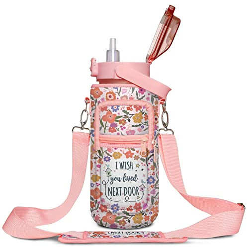 Best Friend Gift Women – Wasserflasche mit Hülle – I Wish You Lived Next Door – Beste Freundin – BPA-freie Wasserflasche mit Zeitmarkierung, auslaufsicherer Wasserkrug