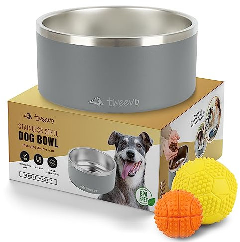 Stainless Steel Dog Food Bowl with 2 Rubber Balls - Non-Slip Insulated Dog Bowl with 7 Color Options - 64 Oz Durable Dog Water Bowl for Medium, Large and Extra Large Dogs (Grey)