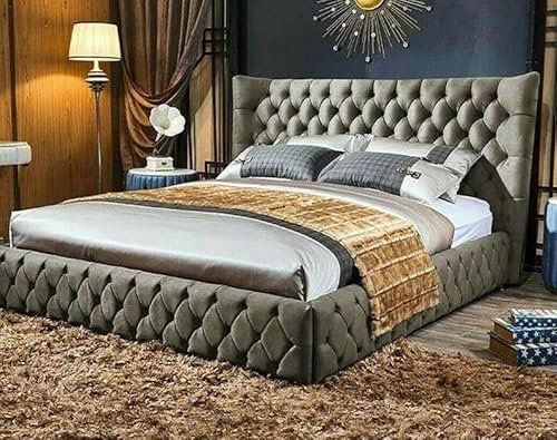 mm08enn Luxury Chesterfield Wing Buttons Bed Frame in Soft Plush Fabric (Dark Grey Steal, 6ft Super King Size)