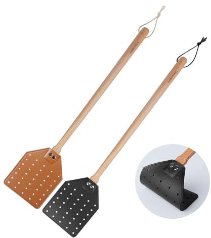DEBETOOL Robuste Fliegenklatsche aus Leder für drinnen – (50 cm) langer Griff, robuste Holz-Fliegenklatsche mit Seil zum Aufhängen, Mücken und Bienen, 2 Stück
