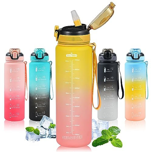 SEASEVEN Water Bottle with Straw 1L,Boys Water Bottles with Straw 1 Litre,Waterbottle Leak-Proof Sports Water Bottle,Plastic Drinks Bottles Toxin Free,Bpa-Free (Yellow-Pink)