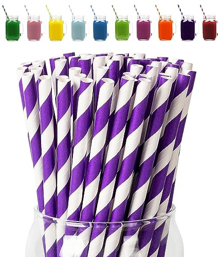 Purple Stripes Drinking Straws-100Pack Straws Drinking Paper for Kids,Assorted Biodegradable Straws for Drinking Straws Drinking Straw Recyclable,Stripes Drinking Straws for Xmas Straws Party Decor