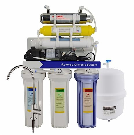 EBAYTV Filtre d'aquarium Système de Filtration d'eau par Osmose Inverse ultraviolette à reminéralisation en 7 étapes sous l'évier - 75GPD, purificateur minéralisant avec 6W UV