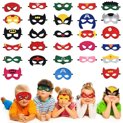 Naapesi 28 Stück Superhelden Masken Kinder,Lustige Halbmasken mit Elastischen,Maske Verkleidung Party Dekoration,Kindergeburtstag Augenmaske,für Kinder Cosplay, Halloween,Weihnachten,Maskerade
