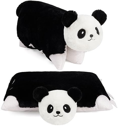 BRUBAKER Kuscheltier-Kissen Panda - 2 in 1 Plüschtier und Kuschelkissen 40 x 30 cm - aufklappbares Kinder Plüschkissen mit Klettverschluss - Tierkissen Pandakissen Stofftier - Schwarz Weiß