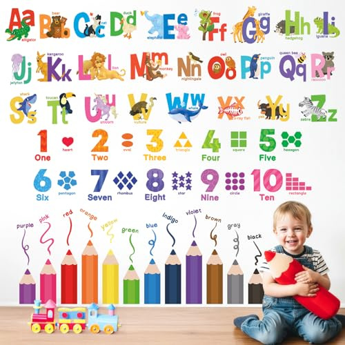 DECOWALL XL Animal Alphabet Numbers Wall Stickers for Classrooms (SG3-2316) | Colourful A-Z animals, numbers 1-10 and crayons; peel and stick removable decor for nursery, playroom and classroom