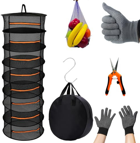 Fycooler Herb Drying Rack Net,8 Layer 5.5ft Hanging Drying Net, Plant Racks Net,with Hook,Bud Trimming Scissors,Storage Bag and Gloves-for Drying Seeds,Herb,Vegs,Fruits,Bud-Diameter 60cm