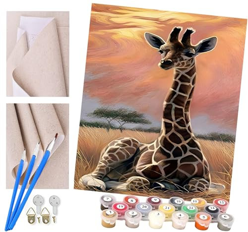 Peinture par Numéro Adulte Bricolage Tableau Peindre par Nombre pour Enfants Jouets à peindre cadeaux peints à la main Girafe de la savane Home Decor 40x50cm