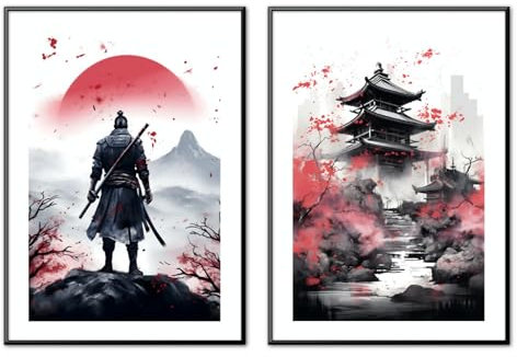 MJ-Graphics | Poster Set Japan Samurai Bushido Wohnzimmer & Schlafzimmer | 2x Din A3 300g Qualitätsdruck | Meditation Zen | Weiß-Rot Wanddeko ohne Rahmen