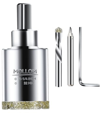 Mollom 1-1/4” (32mm) Sega a tazza diamantata con 2 punte di centraggio rimovibili Taglio netto per piastrelle in porcellana, vetro, ceramica, marmo, fibra di vetro, ecc