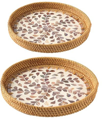 2 PCS Rattan Serving Tray,Rattan Bread Baskets for Serving,Decorative Round Wicker Basket Tray with Mother of Pearl Inlay,Fruit Storage Tray for Coffee Table Farmhouse Serving(#5)