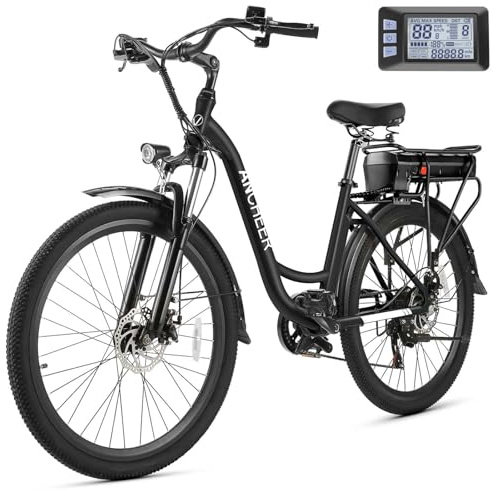 ANCHEER Electric Bike for Adults, 48V 499Wh Ebike, 26 City Commuter Bike with 48V Removable Battery, Up to 55 Miles, Fast Charge, 7-Speed, Step-Thru Cruiser Bike for Women Men, UL2849 Compliant
