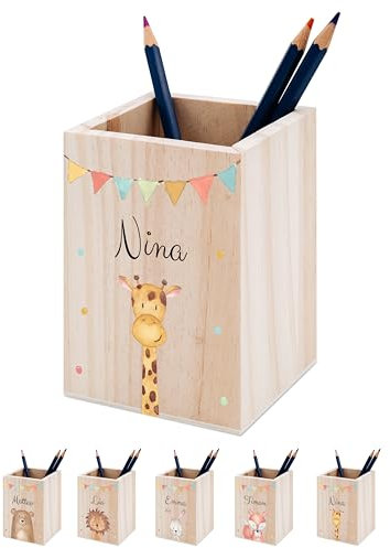 wunderwunsch® - Personalisierter Stiftehalter Kinder aus Holz - Kreativer und praktischer Schreibtisch-Organizer Kinder mit Namen - Perfektes Einschulung Geschenk und Geburtstag (Giraffe)