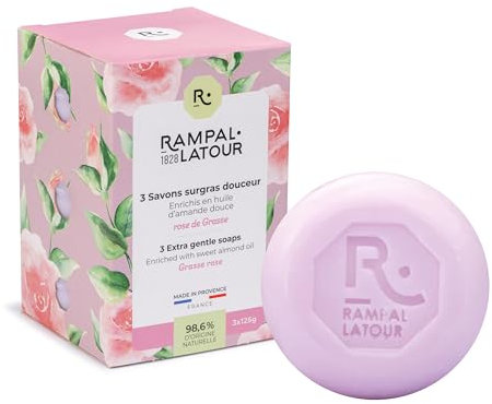 Rampal Latour - 3 Savonnettes rondes surgrasses - Mains et Corps - Parfum Rose de Grasse - Soin Nettoyant Surgras, Apaisant et Nourrissant - 98,6% d'origine naturelle - 3x125g
