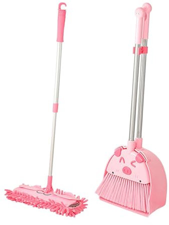 Folpus Juego de Juguetes de Limpieza para niños, Juego de Escoba, miniescoba con recogedor y fregona para jardín de Infantes, Aprendizaje temprano, Rosado A