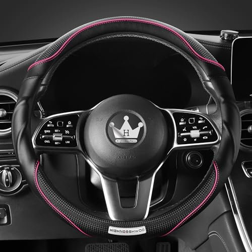 HighnessHwoo 3D Car Steering Wheel Cover Comfort Grip Massage Sporty Anti-Slip Carbon Fiber Faux Leather for Sedan Suv, Universal Fit, Car Handle Covers for All Seasons, 37-38cm, Pink