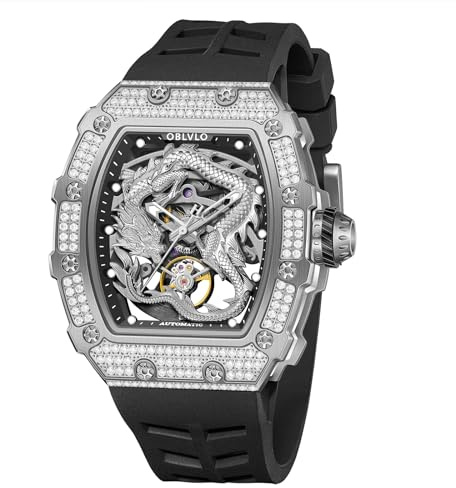 OBLVLO Top Brand Herren Tonneau Diamonds Dragon Mechanische Uhr Wasserdicht Selbstaufzug Automatik Silikonband Uhren für Herren XM-Dragon-D, XM-DRAGON-D-YYRB, Large, Modern