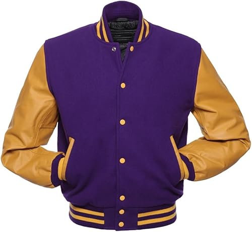 MERCH ATTIRE Varsity Jacket Uomo Bomber Letterman High School Baseball College Jacket, Stile 6: viola e giallo, XS