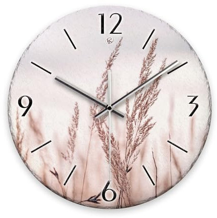 Kreative Feder Wanduhr „Gräser im Wind“ aus Stein (Keramik) in Schiefer-Optik; Durchmesser 30cm; mit leisem Uhrwerk (Gräser im Wind, leises Funkuhrwerk)