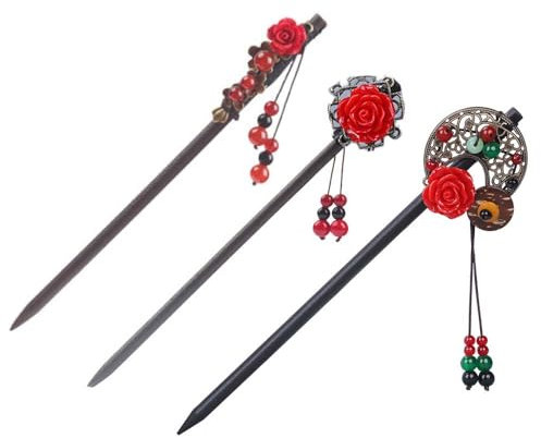 Japonais Accessoire,Lot de 3 Baguettes à Cheveux pour Femme - Style Rétro Chinois Japonais - Avec fleur - Fait à la main - En bois - Pour Cheveux longs Pour femmes et filles