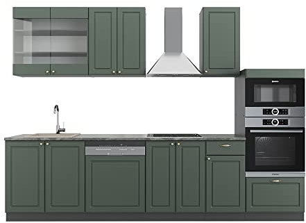 Vicco Küchenzeile Fame-Line, Grün-Gold Landhaus/Anthrazit, 300 cm mit Hochschrank, AP Anthrazit