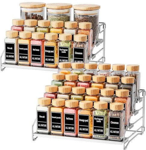 MAYZOLOP 4 Etagen Gewürzregal Stehend, Gewürzregal Ohne Bohren, Einstellbar Silber Grau Gewürzregal für die Schrank Organisation, Metall-Gewürzregale für die Küche, Breite 34cm - 2Pack