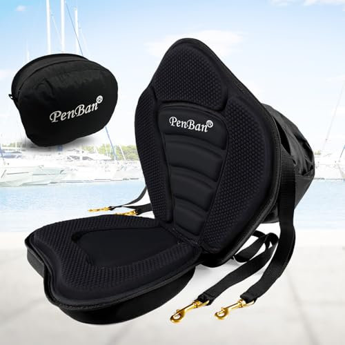 penban Universelles Deluxe-Kajak-Sitzkissen mit Aufbewahrungstasche, Bootssitz, SUP-Sitz, Kanusitz, 4 verstellbare Gurte für Kajakfahren, Kanu, Rafting, Angeln (【Dick】 1 Stück, Schwarz