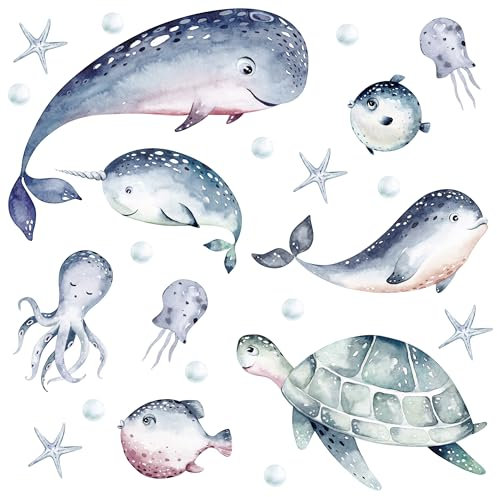Muralo Sticker Set für Mädchen und Jungen - Aquarell Aufkleber Wandsticker Tattoo für Kinderzimmer - Niedliche Meerestiere Motiv - Br.120cm x Hö.60cm