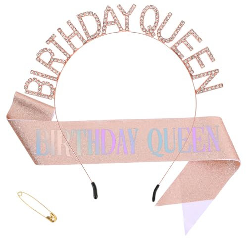 Geburtstagsschärpe, Geburtstagskrone für Frauen, Geburtstagskönigin, Geburtstagsdiademe für Frauen, Roségoldene Geburtstagsschärpe und Krone, Strass-Glitzer-Stirnband-Set, Happy Birthday-Dekor-Accesso