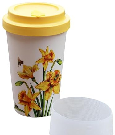 Daffodil Flower Travel Mug Yellow Recycled Plastic Bee Reusable Coffee Cup 350ml