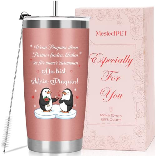 MestectPET Pinguin Jahrestag Geschenk für Sie, Ich Liebe Dich, Hochzeitstag Geschenke Jahrestag Geschenke für Paar, Ehefrau, Partner, Thermobecher Kaffee to go 600ml