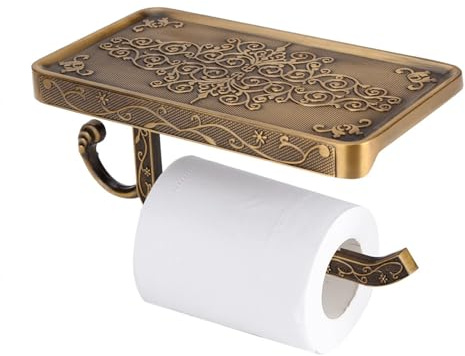 HAOHIZE Bathroom Toilet Paper Holder with Phone Shelf, Vintage Brass Wall Mount Toilet Tissue Roll Holder Toilet Paper Roll Holder Bathroom Wipes Dispenser with Shelf
