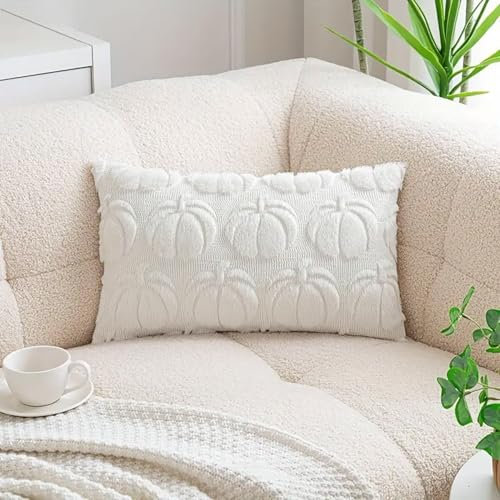 Herbst Kissenbezug Kürbis Herbstmotiv,Herbst Kissenbezüge Kissenhülle Herbstliche,Modern Herbstdeko Innen Aesthetic Zimmer Deko,Herbstdeko Pumpkin Kissen,Herbstkissen für Halloween (Weiß, 30x50 cm)