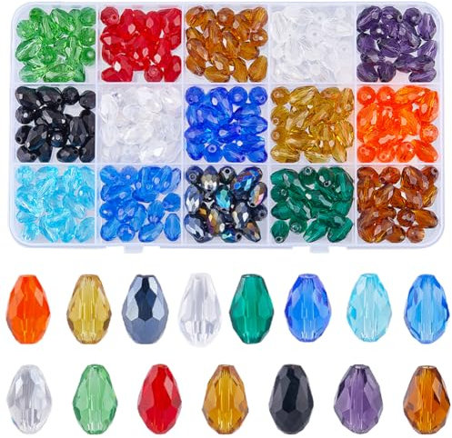 SOFPLATE 1 Box 300Pcs 15 Colors Teardrop Glass Beads Vertical Hole 12mm Faceted Crystal Beads Suncatcher Beads Glass Crystal Bulk for Jewelry Making Beading Supplies DIY Bracelet Necklace Earrings