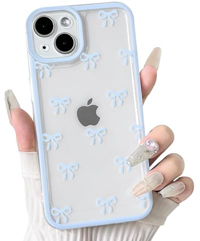 NITITOP Coque pour iPhone 13 Mignon avec Nœud Papillon de Ruban pour Femmes Fille avec Objectif de Caméra Doux TPU Absorbant Housse de Téléphone - Bleu